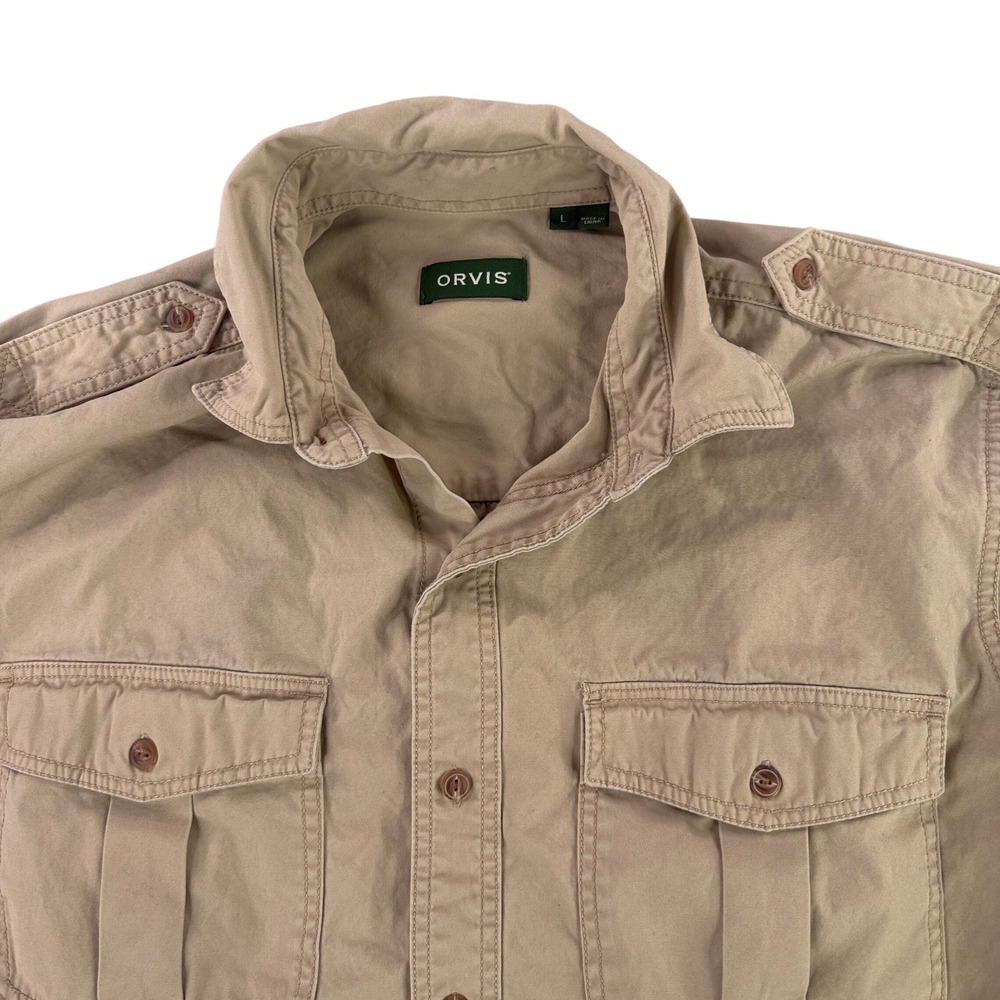 Orvis Bush Shirt Mens Large Khaki Tan Safari Tactical Long Sleeve Cotton 10506